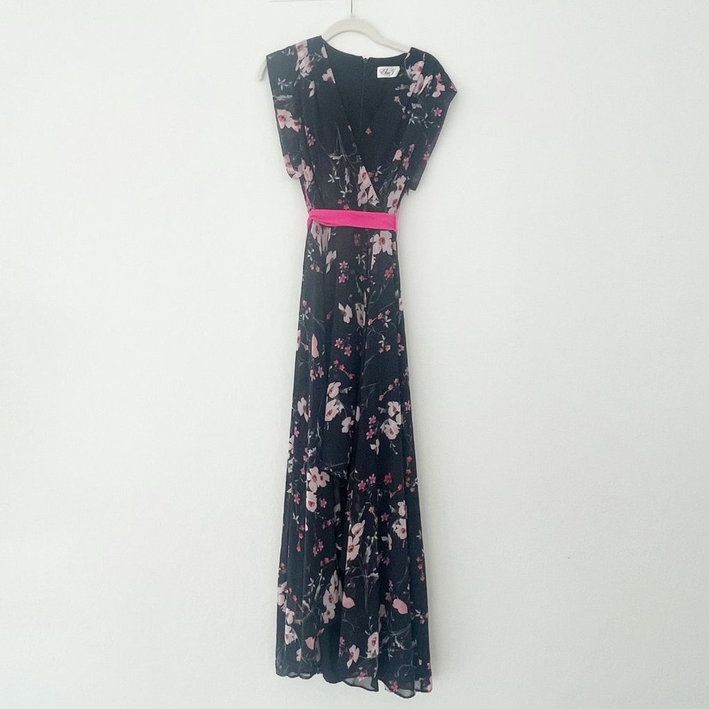 Eliza J Hi-Low Faux Wrap Belted Floral Navy Pink Maxi Dress | 2 - Picture 10 of 13
